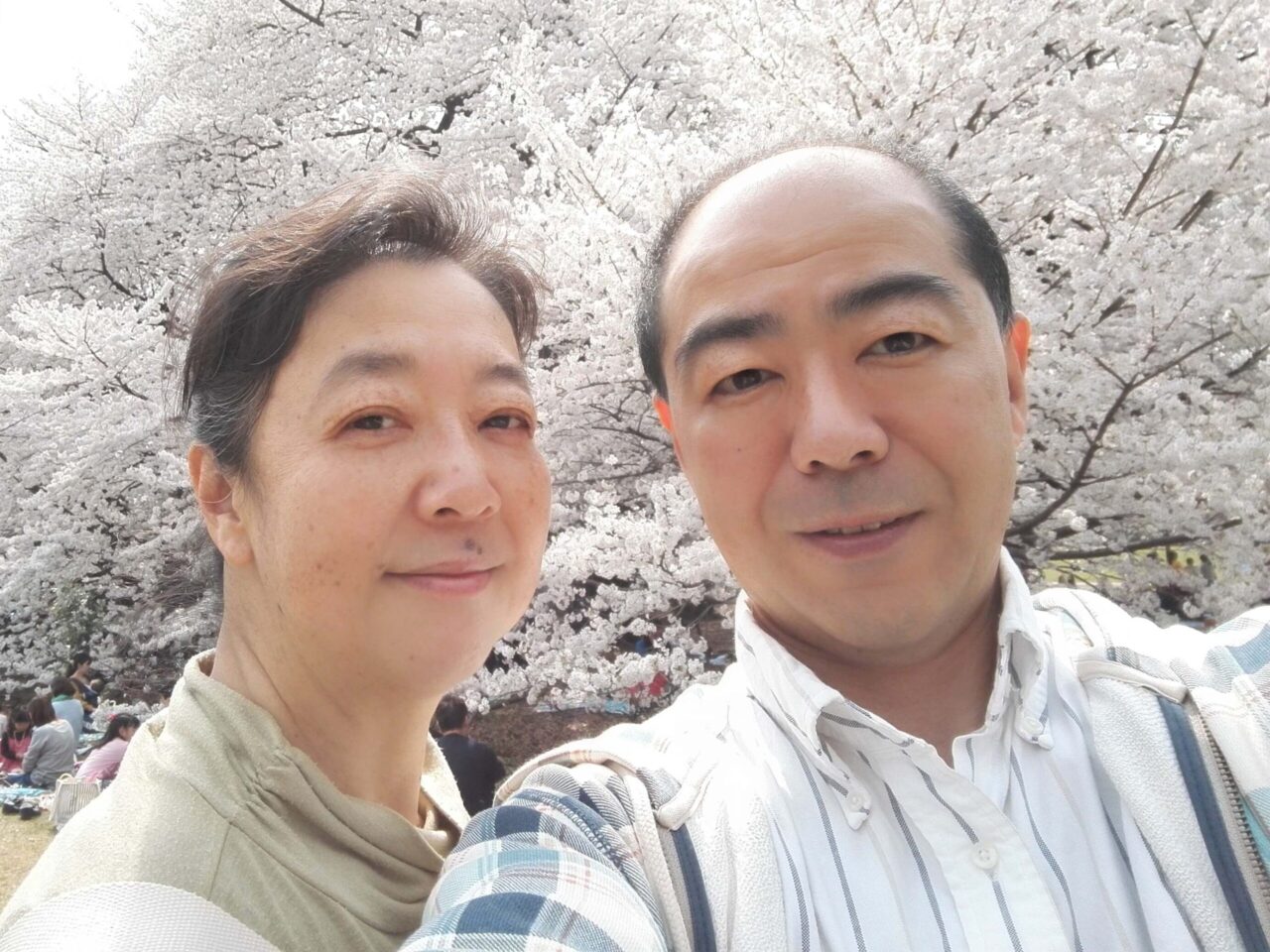 さいとう鍼灸整骨院のスタッフ。院長夫婦です。桜の木の下で。